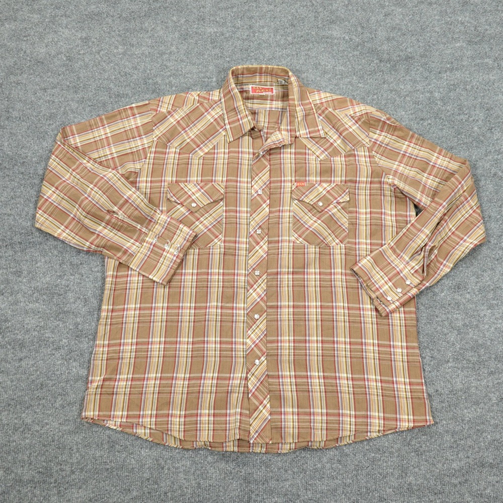 Vintage Ely Plains Shirt Mens 17-34 Brown Plaid Western Pearl Snap Long Sleeve